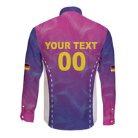 Long sleeve button shirt, pink and navy, back print 'YOUR TEXT 00'