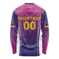 Unisex long-sleeve football shirt back with 00, 'YOUR TEXT' print, pink and purple gradient