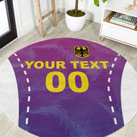 Round purple football carpet close view with white border, emblem, 'YOUR TEXT' and '00'