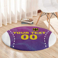 Round purple football carpet with white border, 'YOUR TEXT' and '00' print with emblem