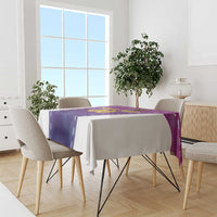 Purple custom football tablecloth with Germany graphic, draped on table with chairs