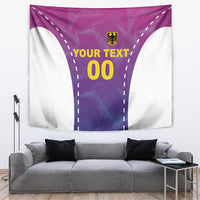 Football tapestry with pink top, purple center, crest, 'YOUR TEXT 00' and white curved sections