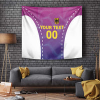 Pink and purple football wall tapestry with crest and 'YOUR TEXT 00' graphic, white side arcs