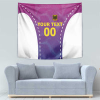 Pink and purple football tapestry showing crest and 'YOUR TEXT 00' with white side panels