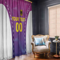 Purple football window curtain panel with “YOUR TEXT” and crest over a sheer white lining