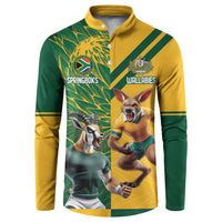 Green and gold button-front rugby sweatshirt with animal mascot graphic on the chest