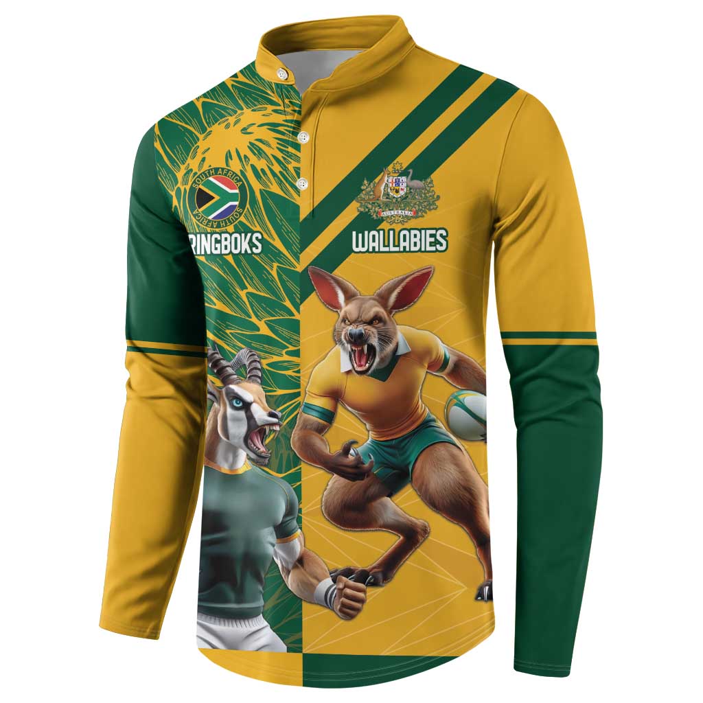 Green and gold button-front rugby sweatshirt with mascot graphic and team crest on chest