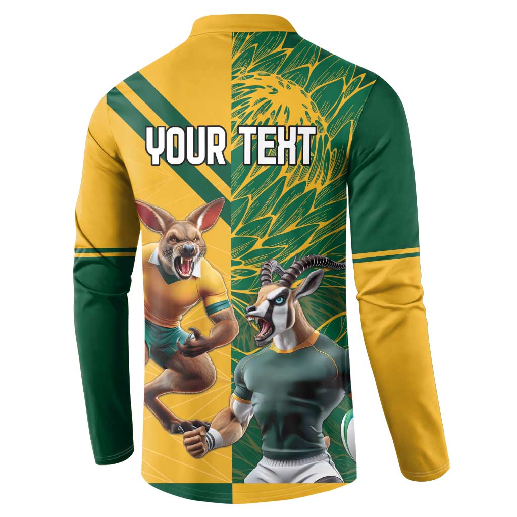 Green and gold rugby sweatshirt back with bold "YOUR TEXT" and running animal mascots