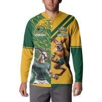 Green and gold long-sleeve button rugby sweatshirt with front mascot graphic and chest crests