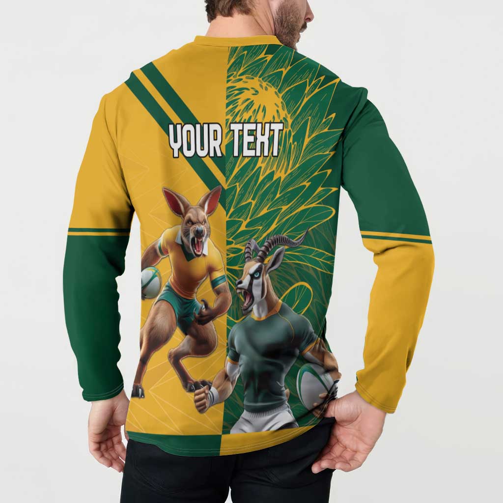 Green and gold rugby sweatshirt back with "YOUR TEXT" over running animal mascots