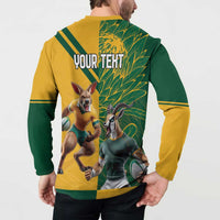 Green and gold rugby sweatshirt back with "YOUR TEXT" over running animal mascots