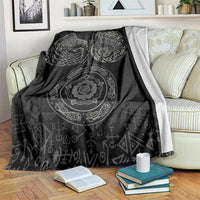 Black Nordic blanket with gray raven and circular geometric pattern