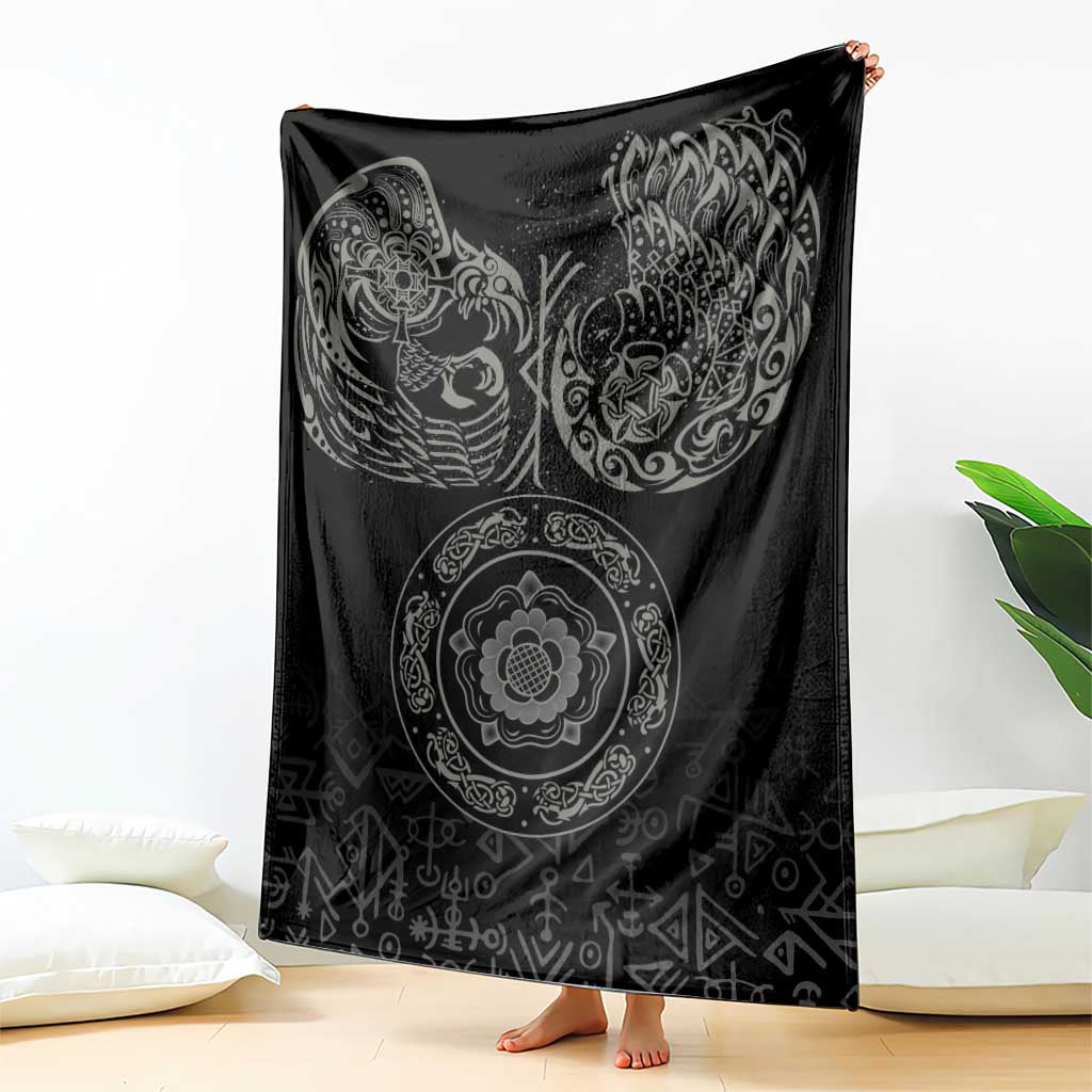 Black Nordic blanket draped, featuring raven and ornate circular motif