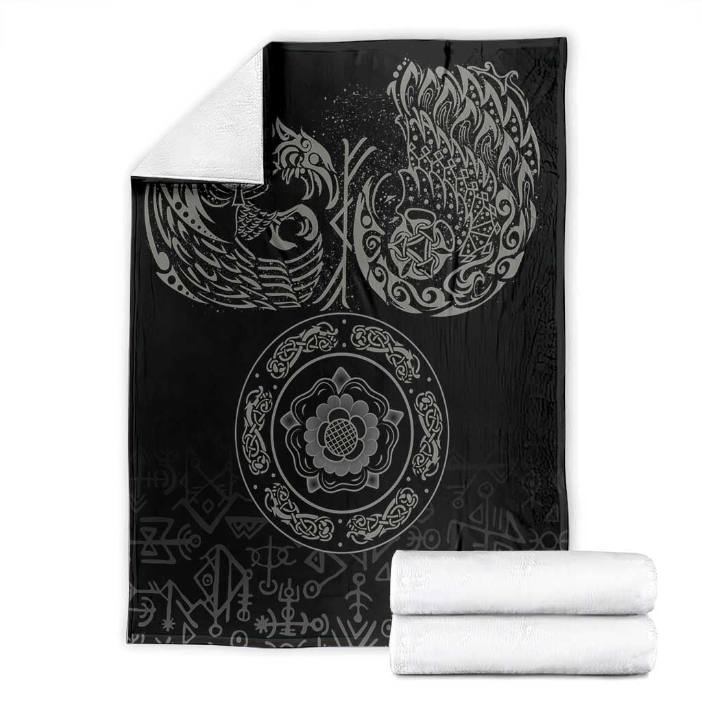Black Nordic blanket laid flat with raven and ornate circular medallion