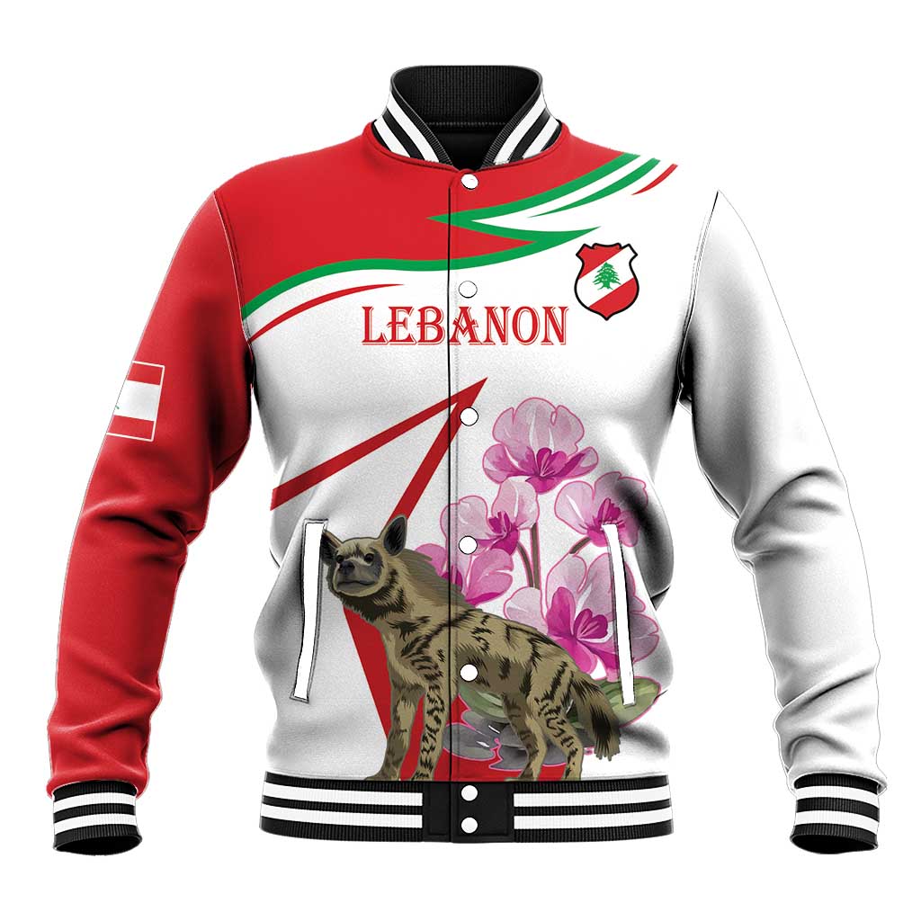 Unisex baseball jacket with red, white, striped collar; hyena and cyclamen flower print