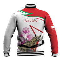 Unisex baseball jacket back with red/white panels, striped rib trim; hyena and flowers