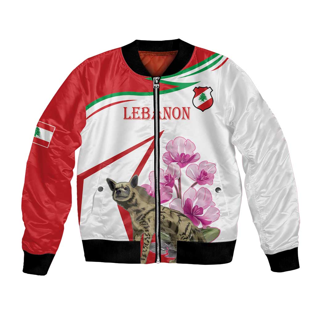 Unisex bomber jacket with white and red panels, black ribbed cuffs, hyena and purple flowers