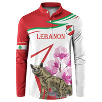 Red and white button sweatshirt with green stripes, hyena and pink flower graphic