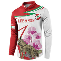 Red and white button sweatshirt with green stripes, Lebanon graphic, hyena and pink flowers