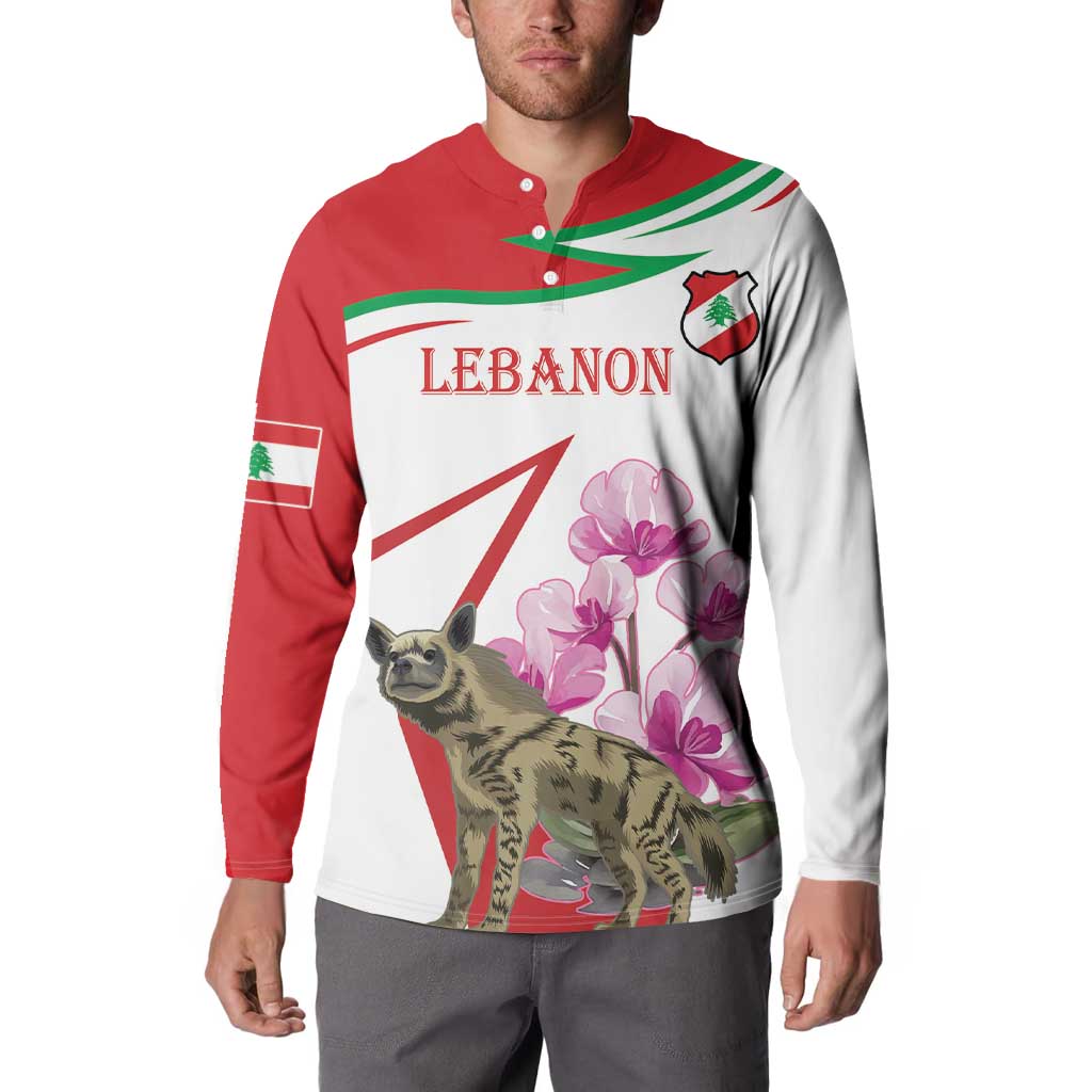 Red and white button sweatshirt with green stripes, hyena and pink floral graphic, long sleeve