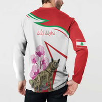 Red and white button sweatshirt with green stripes, hyena and pink flowers on back