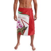 Red and white striped lavalava with hyena and cyclamen flower graphic