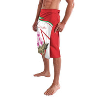 Red and white striped lavalava with hyena and cyclamen flower print