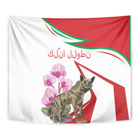 Striped tapestry featuring tabby hyena and pink cyclamen flowers on red white green design
