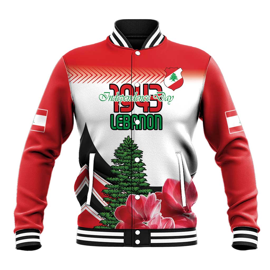 Red-and-white baseball jacket with Lebanese flag print, pine tree and pink flowers