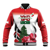 Red-and-white baseball jacket with Lebanese flag print, pine tree and pink flowers