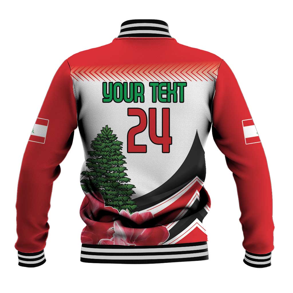 Red-and-white varsity jacket back with pine tree, floral graphics, and 'YOUR TEXT 24'