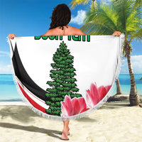 Round beach blanket with fringe, white graphic featuring “24 YOUR TEXT,” green tree and pink cyclamen