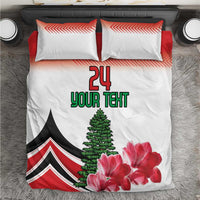 White bedding set with red accents, two pillows, 24 Your Text design, flowers and tree