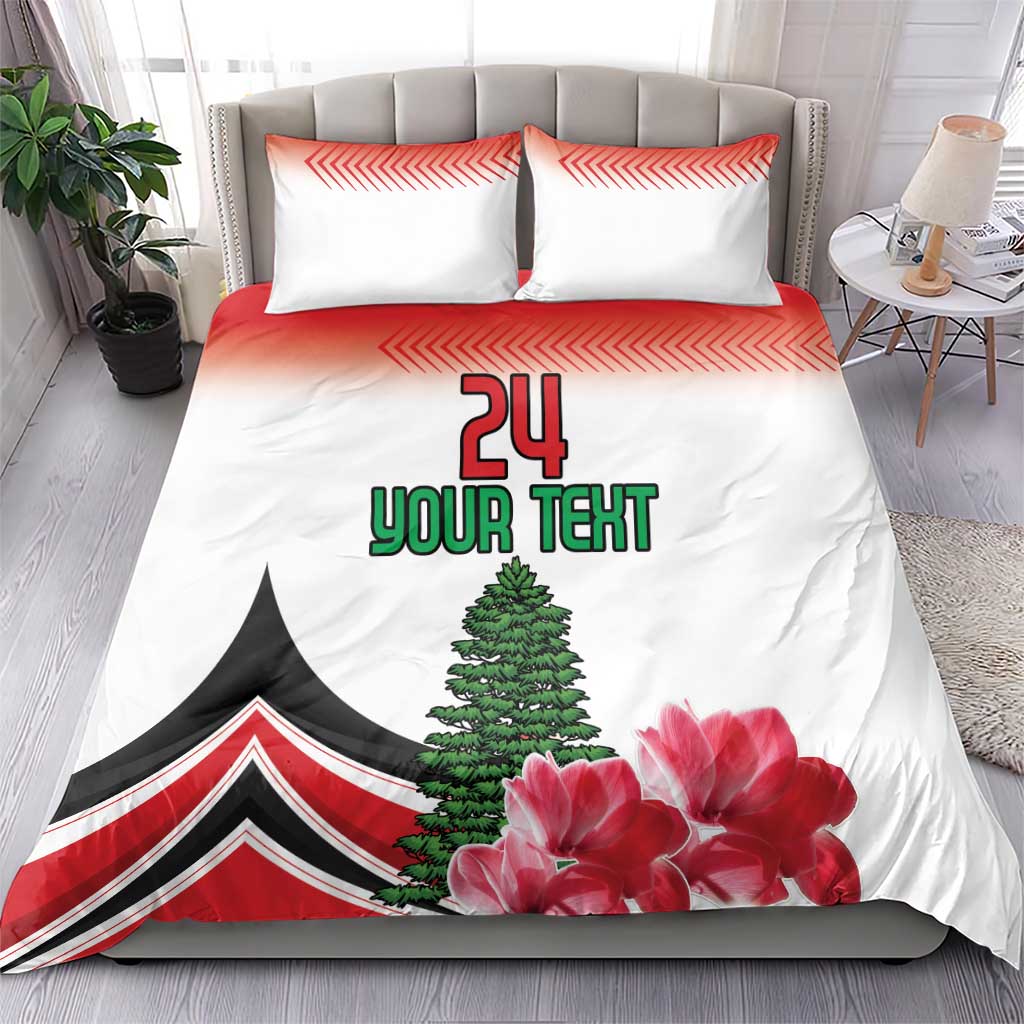 White duvet and pillow set with red trim, "24" Your Text graphic, floral and tree art