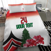 White bedding set with red and black striped base, 24 Your Text, floral and tree