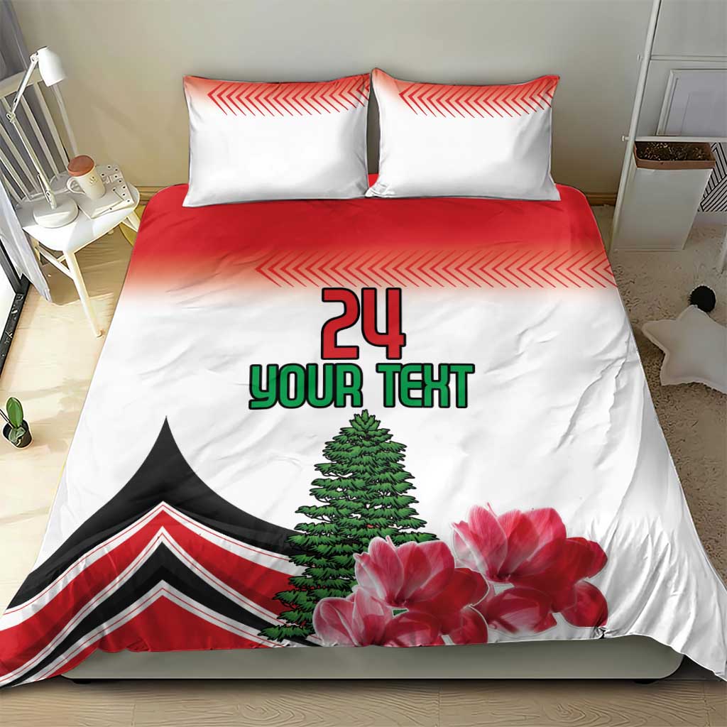 White duvet and pillows with red center panel, 24 Your Text, blooming flowers and tree