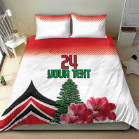 White duvet and pillows with red center panel, 24 Your Text, blooming flowers and tree