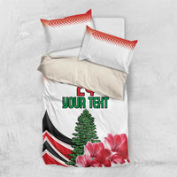 White bedding set with red chevron accents, 24 Your Text, green tree and pink flowers