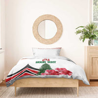 White duvet and pillow set with red stripes, 24 Your Text, pink flowers and green tree