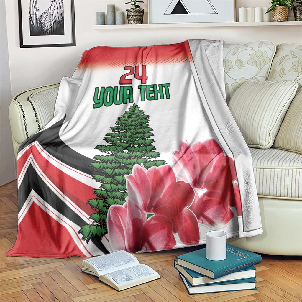 Custom Lebanon-themed blanket in red, white, and dark stripes with pine tree and pink flowers