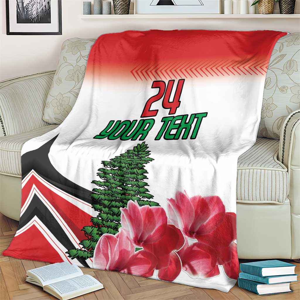 Custom Lebanon-themed blanket with pine tree and pink flowers on red-to-white background