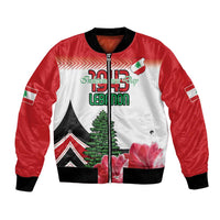 Unisex bomber jacket in red and white with black ribbed cuffs, zip front, floral graphic