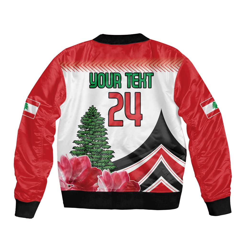 Unisex red and white bomber jacket with black ribbed cuffs and zip, floral and '24' graphic