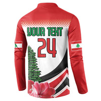 Red button sweatshirt with white back graphic reading “YOUR TEXT 24” and tree.