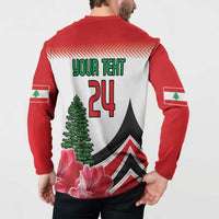 Red button sweatshirt with white back graphic, “YOUR TEXT 24” and pink flowers.