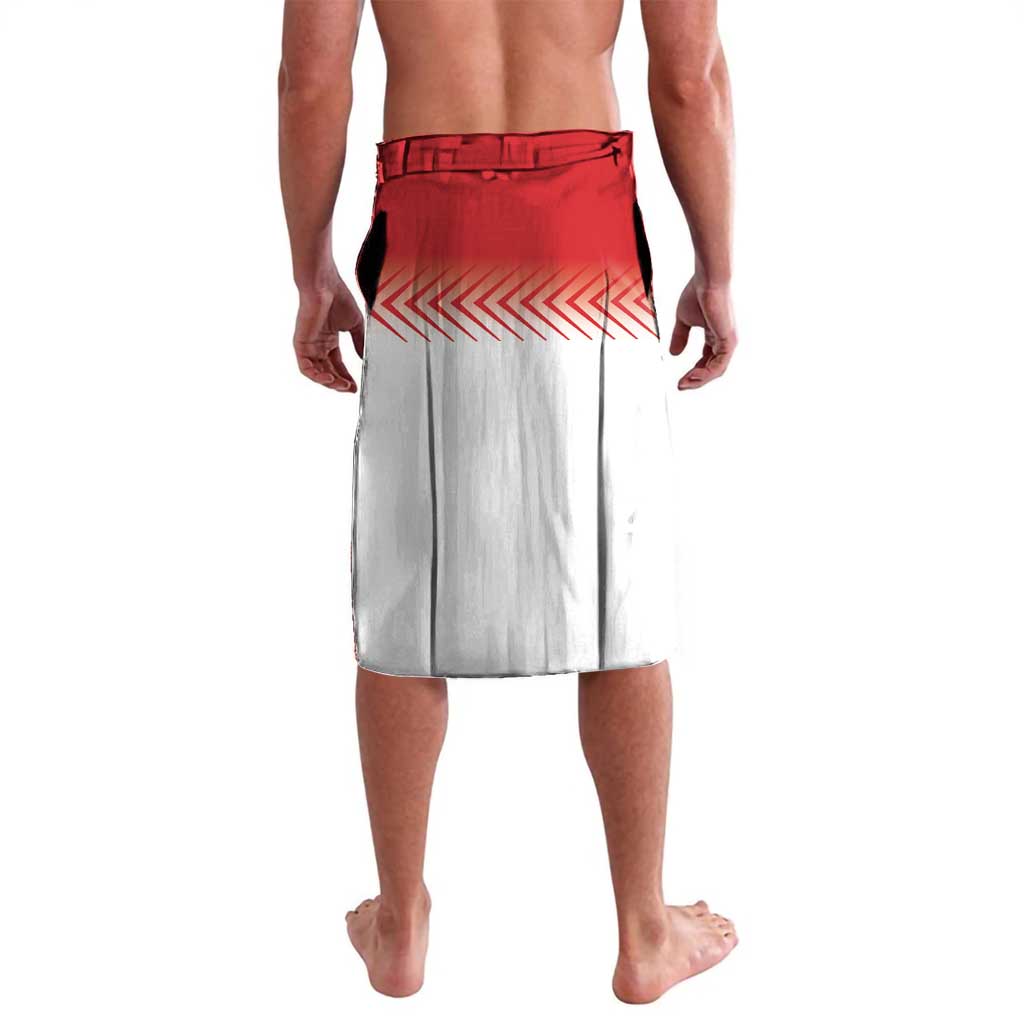 Red waistband and white lavalava skirt with red geometric pattern, back view