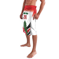 Red and white printed lavalava skirt with flower design, side view