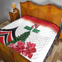 Red and white quilt on bed, 24 YOUR TEXT with pine tree and pink flowers
