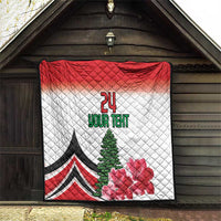 Red and white quilt hanging outside, 24 YOUR TEXT with pine tree and pink flowers