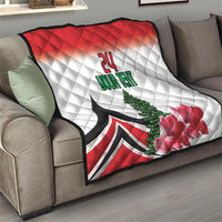 Red and white quilt on sofa, 24 YOUR TEXT with pine tree and pink flowers